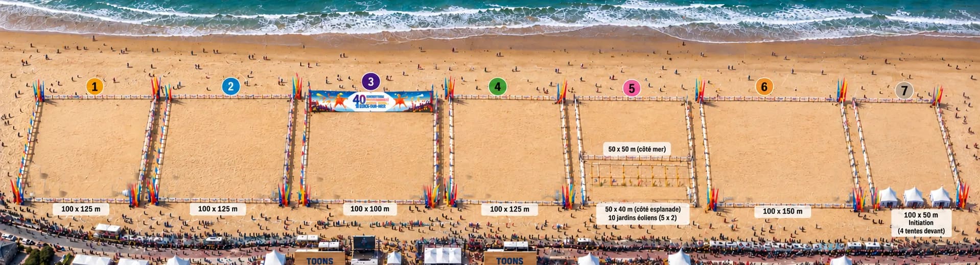 Plan de la plage avec les 7 terrains